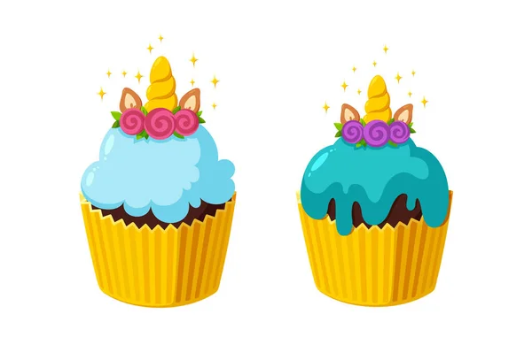 Eenhoorn cupcakes met glanzend glazuur. Sprookjes in een bekertje. Lekkere desserts met hoorn. Vectorillustratie — Stockvector