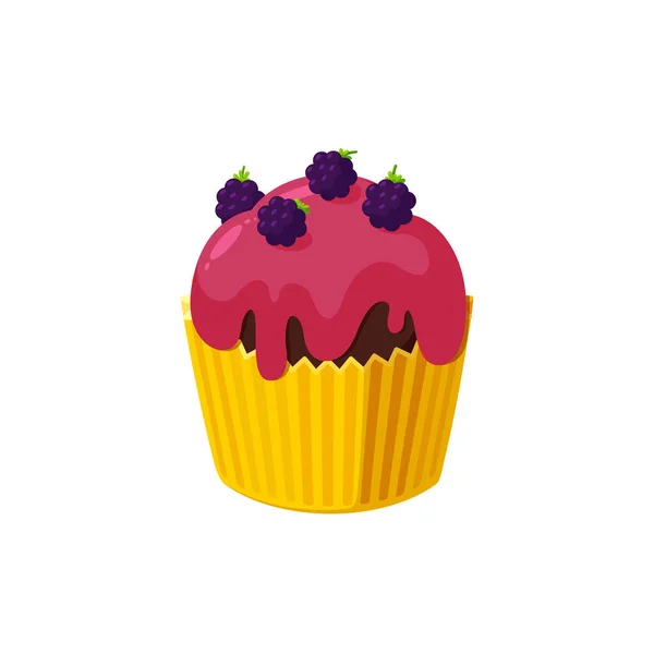 Cupcake aux mûres et glaçage rouge. Gâteau de fée dans une tasse en papier. Dessert savoureux avec glaçage. Illustration vectorielle — Image vectorielle