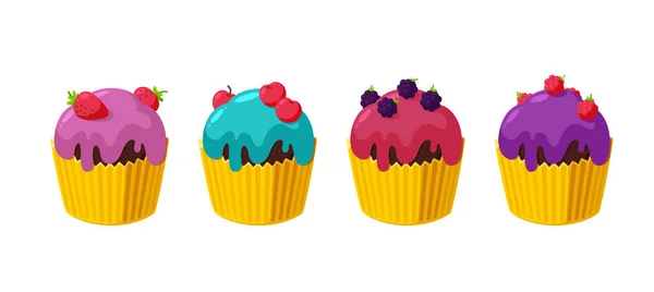 Cupcakes met kersen, frambozen, bramen en aardbeien. Muffins in papieren bekertje. Lekkere desserts met glanzend glazuur. Vectorillustratie — Stockvector