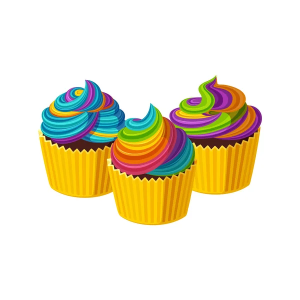 Cupcake con glassa arcobaleno roteata. Design con torte gustose con crema. Illustrazione vettoriale in stile cartone animato — Vettoriale Stock