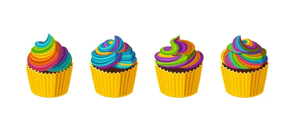 Cupcakes arc-en-ciel avec glaçage multicolore. Délicieux dessert à la crème. Illustration vectorielle dans le style dessin animé — Image vectorielle