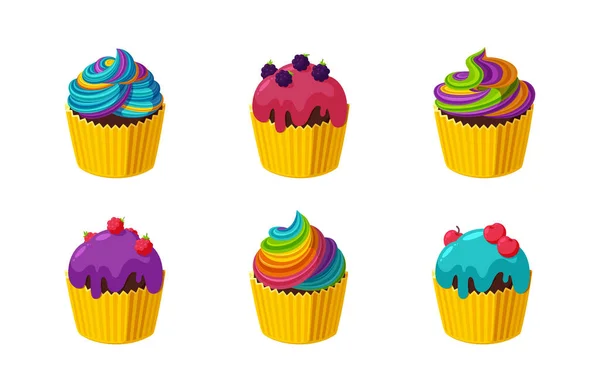 Gâteaux avec glaçage coloré et arc-en-ciel. Ensemble de cupcakes isolés. Illustration vectorielle dans le style dessin animé — Image vectorielle