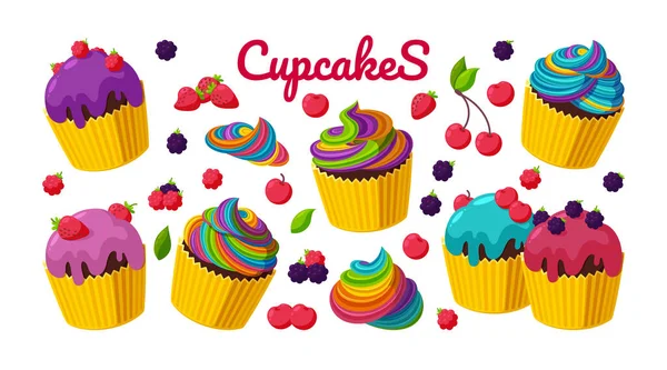 Cupcakes en bessen in romige set. Cupcakes met regenboogglazuur. Vector illustratie voor bakkerijen in cartoon stijl — Stockvector