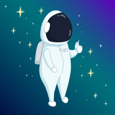 Astronot açık alanda arkasında parlayan yıldızlarla. Şirin çizgi film tarzında vektör illüstrasyonu