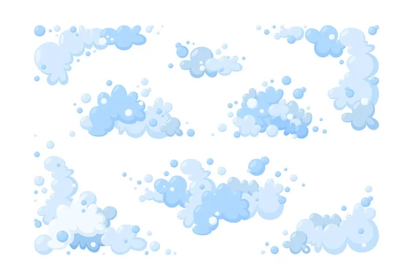 Espuma feita de sabão ou nuvens. Grande conjunto de espuma azul e bolhas de diferentes formas. Moldura e cantos nublados. Ilustração vetorial —  Vetores de Stock
