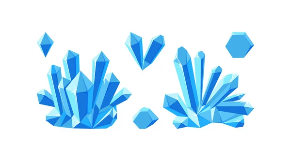 Cristales de hielo aislados en fondo blanco. Conjunto de druses y cristales separados hechos de mineral azul. Ilustración vectorial — Archivo Imágenes Vectoriales