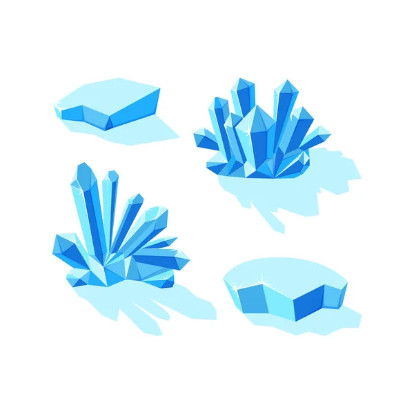 Ice crystals and icebergs isolated in white background. Set of druses and separate crystals made of blue mineral. Winter landscape elements. Vector illustration — Stock Vector