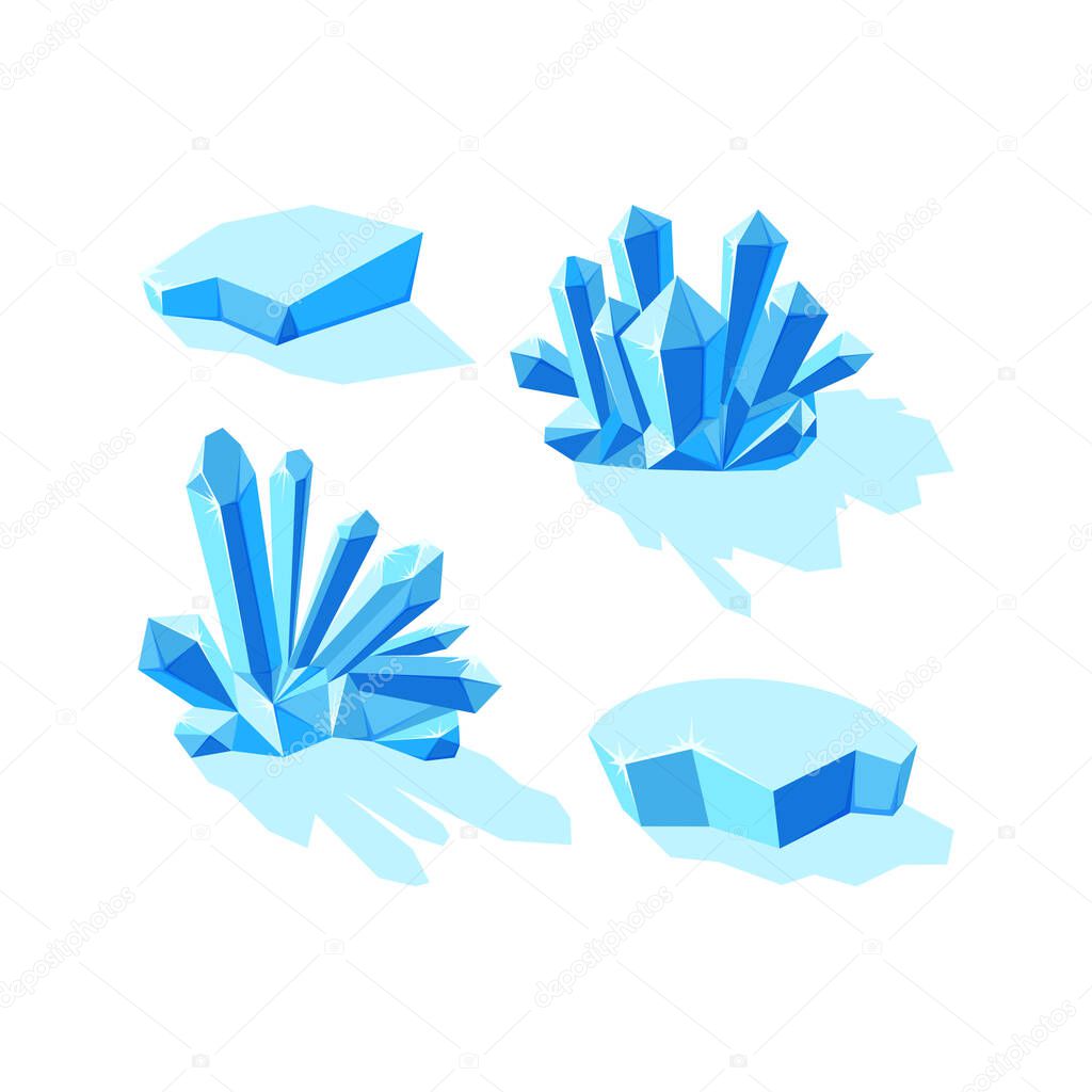 Ice crystals and icebergs isolated in white background. Set of druses and separate crystals made of blue mineral. Winter landscape elements. Vector illustration