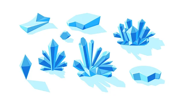 Cristaux de glace et icebergs isolés en fond blanc. Ensemble de druses et de cristaux séparés en minéral bleu. Illustration vectorielle — Image vectorielle