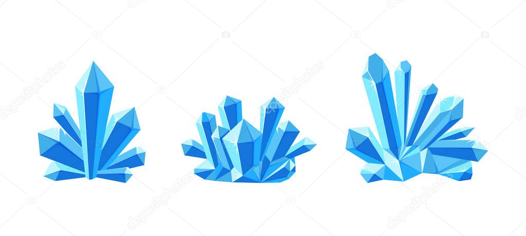 Ice crystals or gem stones with shade. Set of crystal druse made of blue mineral. Vector illustration in cartoon style