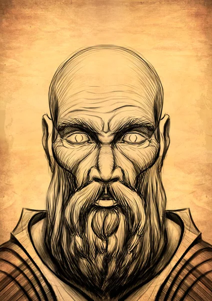 Fantasy character, elderly man, villager, face with a bald head, with a big nose and thick eyebrows, with a long, thick beard and braided mustache, in steel armor, sketch on yellow, textured paper.