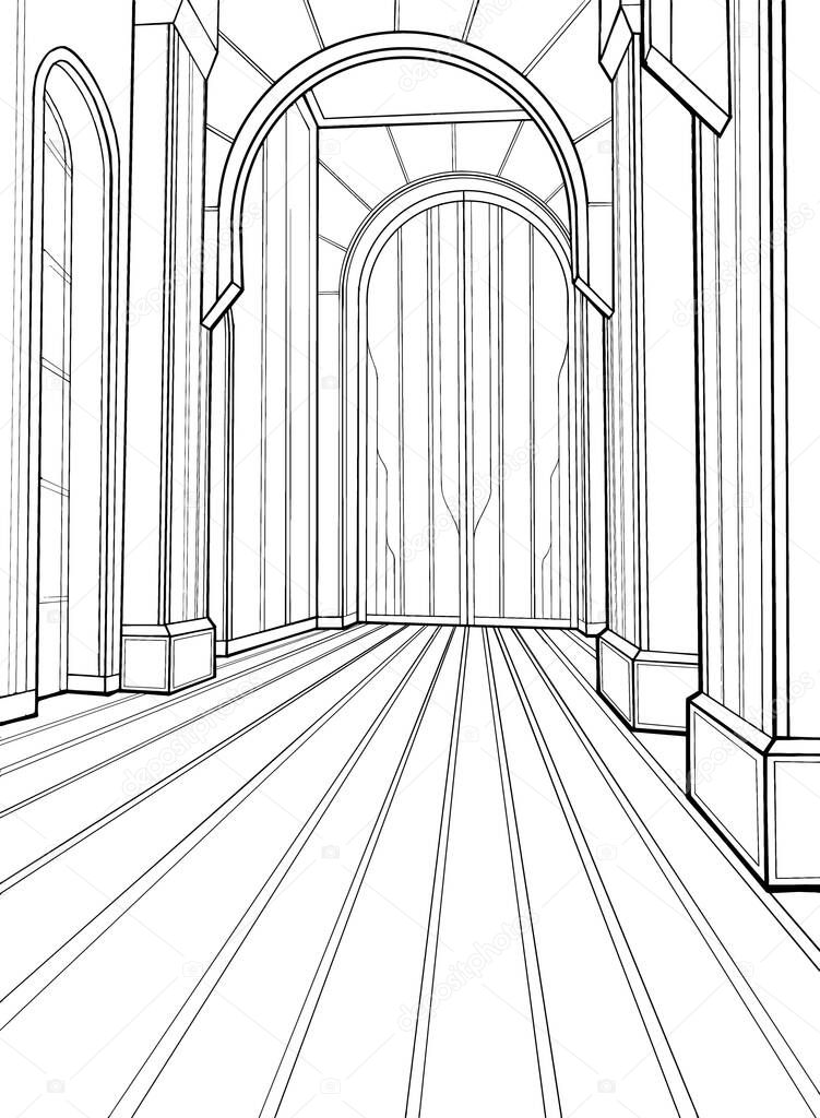 Interior, large hall or room in palace or castle, with portal, with high powerful columns and wide round arches, big stained glass windows, striped floor, black and white graphic, line art, coloring.