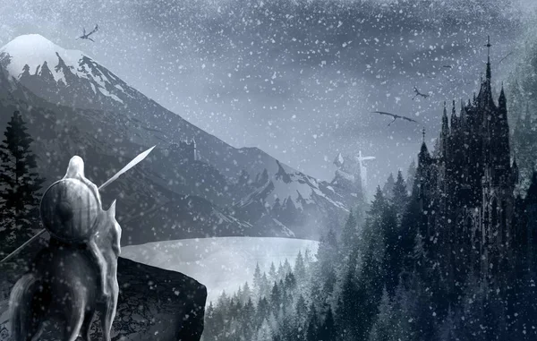 馬に乗って 槍と盾を持ち 崖の端に立って 森の中の大きな山と城の背景を背景に 遠くに雪の中でドラゴンと大きな巨人を飛んで — ストック写真