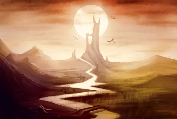 Valley with dead trees and a castle in the distance, with high and gloomy mountains, a winding long river, against a cloudy sky and a large bright sun with dragons circling over a high magic tower.