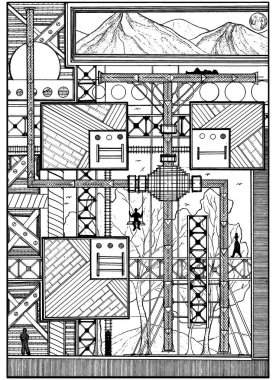 Endüstriyel soyutlama, inşaat, yapılar ve iletişimler, detaylar, ay, dağlar, ağaçlar, kuşlar ve insanların arka planda yer alması, doğayı ve insan aktivitelerini sembolize eder..