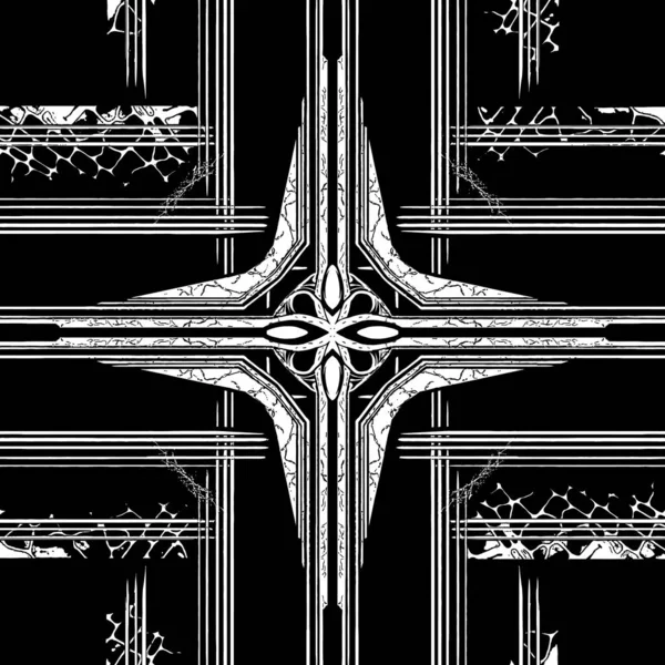 パターン 十字や星に似たグラフィック抽象 対称の正方形 幾何学的背景 スタイルサイエンスフィクションの未来的なカバー 黒と白の色 — ストックベクタ