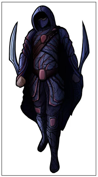 Assassin, fantasy character, secret killer in hood and mask with two blades in hands, with a large belt, in striped armor and cloak, in boots, no background, in move, in full growth, in night.