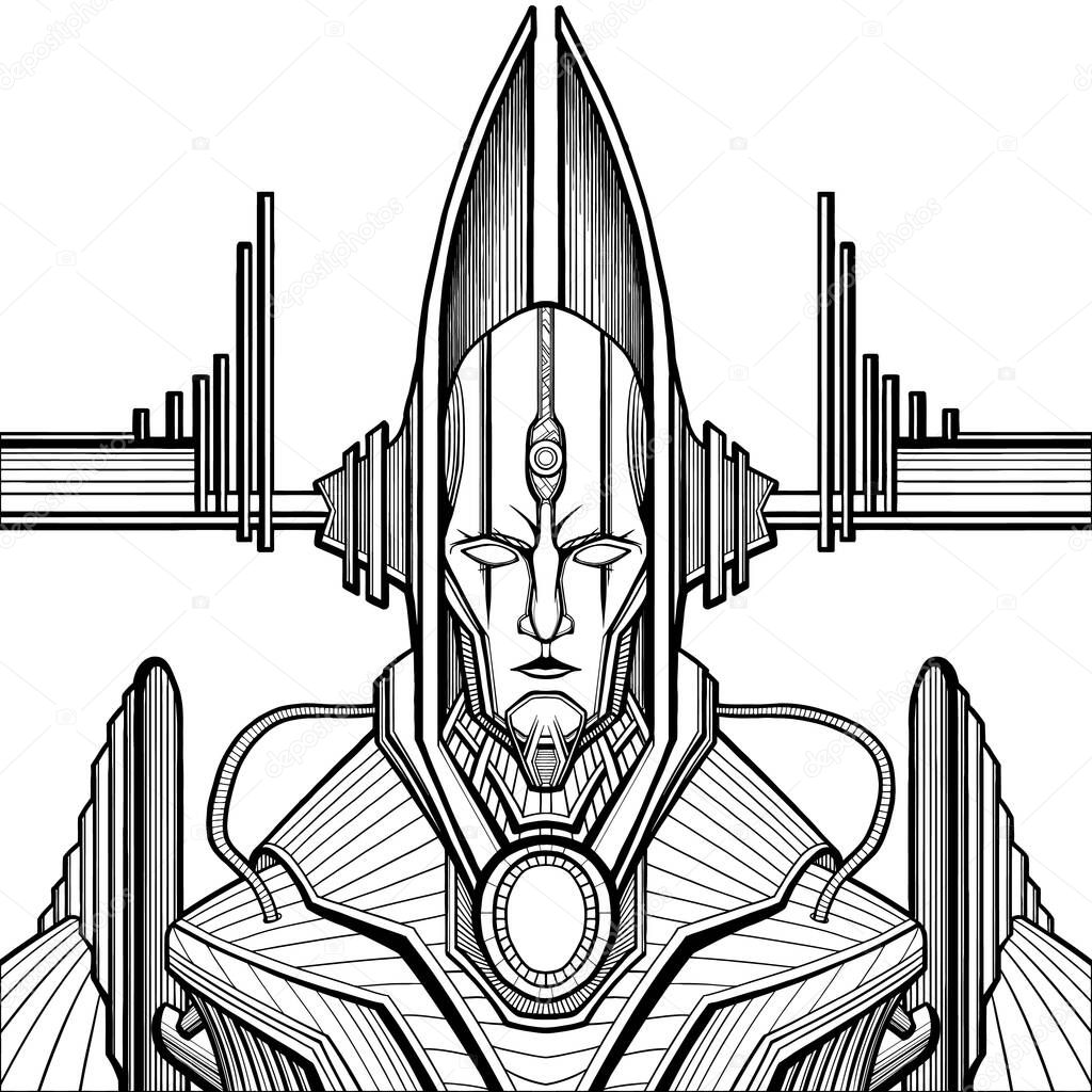 Mechanic character close-up, giant cyborg or robot alien, soldier in armor with elongated head, broad shoulders, in helmet with horns and wires with reactor in the chest, pipe connected, no background