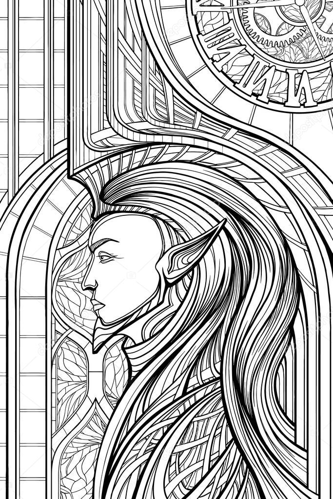 Elf King in high crown forming an arch, fantasy character with pointed ears and chin in pattern armour, with thick long hair on background cathedral stained glass and clock with gear wheels. Coloring.