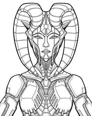 Siber karakter yakın plan, kraliçe dünya dışı medeniyet, güzel yüzlü kız savaşçı sivri kulaklı uzaylı, buruşuk çizgili boynuzları ve mekanik zırhı olan, arka planı olmayan.