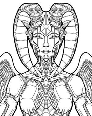 Siber karakter, yakın plan, kraliçe dünya dışı medeniyet, güzel yüzlü kız savaşçı, sivri kulaklı uzaylı, buruşuk boynuzlu miğfer ve kanatlı mekanik zırh, simetri