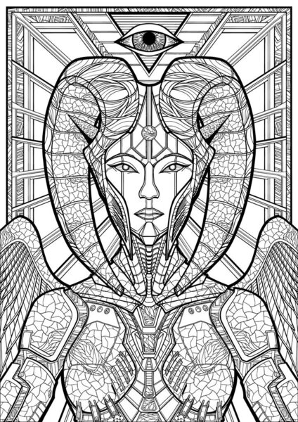 Character close-up, queen extraterrestrial civilization, girl alien with pointed ears in helmet with twisted horns and armor with wings and patterns, with rays, eye and pyramid on background in frame.