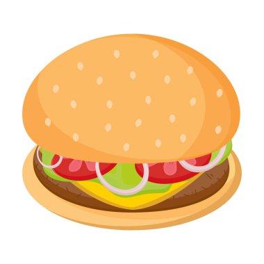   Vektör Gerçekçi Hamburger. Marul Domates, Soğan Peyniri ve Etli Klasik Amerikan Çizburgeri. Fast Food. İkon Hamburger. Beyaz arkaplanda izole