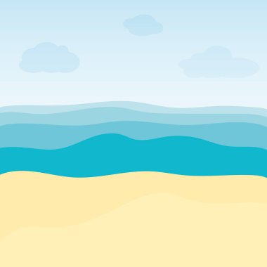 Deniz ve kumdan oluşan tropik bir arka plan. Sahilden deniz veya okyanus manzarası. Düz biçim vektör illüstrasyonu.