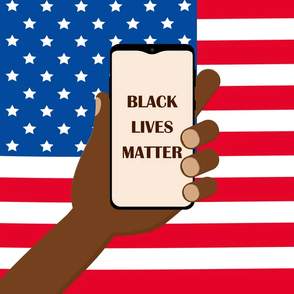 黒は物質の旗だ アフリカ系アメリカ人の男は黒人の命を持った携帯電話を持っている 人種差別なし 背景にアメリカのベクトルフラットイラストの旗 — ストックベクタ