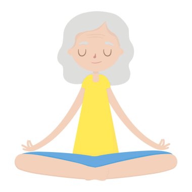 Lotus pozisyonunda yaşlı bir kadın. Yoga dersi. Yoga yapan bir kadın. Sağlıklı bir yaşam tarzı. Düz çizgi film biçimi vektör çizimi.