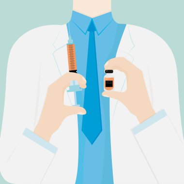   Beyaz önlüklü doktor içinde virüs ilacı ve aşı olan bir şırınga tutuyor. Tıbbi karakter konsept tasarımı. Coronavirus aşısı. Düz çizgi film biçimi vektör çizimi.