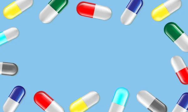 Лекарства Красочные Таблетки Бесшовный Узор Синий Фон — стоковый вектор