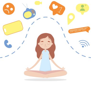  Dijital detoks konsepti. Bilgi arındırma ve meditasyon. Nilüfer çiçeği pozunda meditasyon yapan genç bir kadın. Düz biçimli vektör illüstrasyonu.