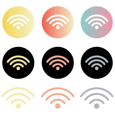   Yuvarlak gradyan renkli kablosuz ve kablosuz ikonlar ayarlandı. Bedava kablosuz. İnternet erişimi için kablosuz ağ simgesi içeren yuvarlak tuş. Beyaz arkaplan eps10 üzerinde vektör illüstrasyonu izole