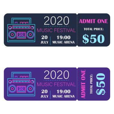   Müzik festivali bileti. Neon Tarzı. Vektör illüstrasyonu.