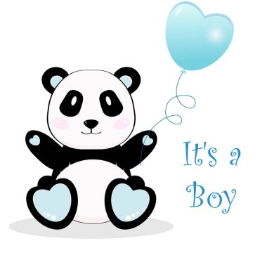   Balonlu şirin panda çocuk. Oğlan oldu. Vektör çizgi film illüstrasyonu.