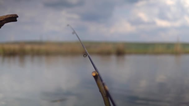 Haste de pesca no fundo do rio close-up. Pescador, Pesca fluvial . — Vídeo de Stock