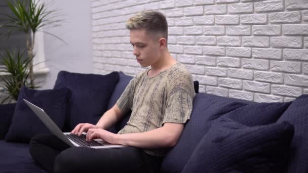 Freelancer die met laptop werkt, afstandsstudering thuis, student — Stockvideo