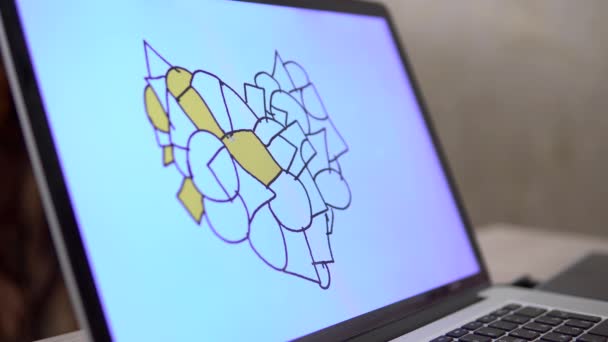 Grafický designér malování srdce 2d ilustrace pozadí na volné noze použití notebooku