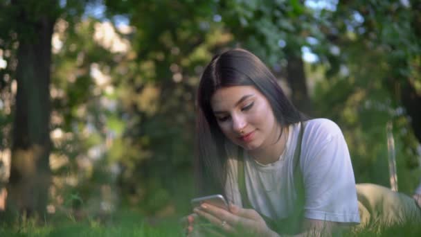 魅力的な女性は公園の芝生の上にあり、携帯電話を使用して、夏をリラックス — ストック動画