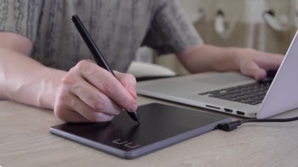 Grafik tasarımcı resmi 2d illüstrasyon serbest yazıcı grafik tablet kalem kullanın — Stok video