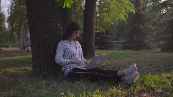 Фрілансер жінка з ноутбуком в парку, дистанційна віддалена робота — стокове відео