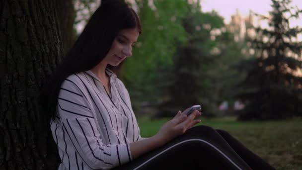 Mulher atraente sentado debaixo da árvore no parque, usando smartphone, relaxante ao ar livre — Vídeo de Stock