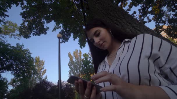 Mulher descansando no parque, usando smartphone — Vídeo de Stock