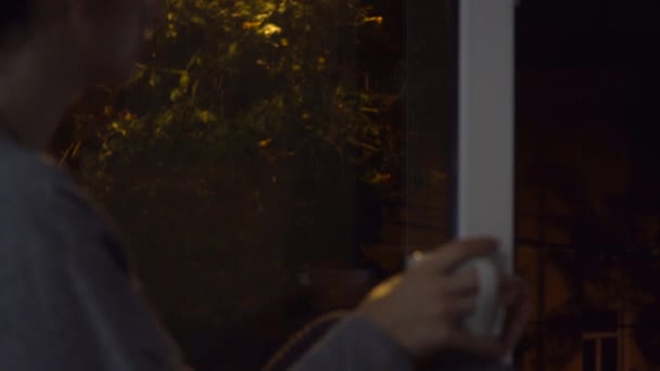 Женщина пьет чай на окне, смотрит на дождь, молнии вспышки, осенняя погода — стоковое видео