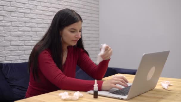 Sick woman sneezes, illness office worker dripping runny nose, catch virus — Stock Video