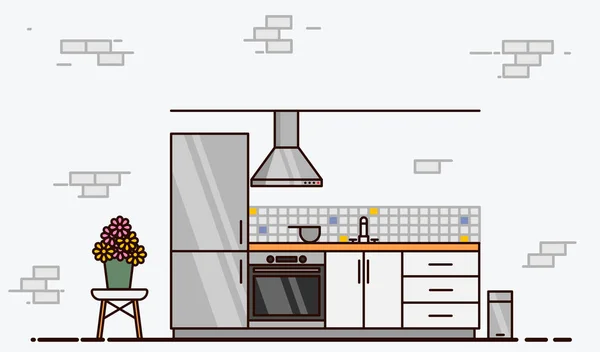 Gezellige Keuken Interieur Modern Keukeninterieur Kasten Servies Koelkast Platte Stijl — Stockvector