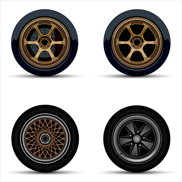 Set Car Wheels Black Tires Side View — Stock Vector