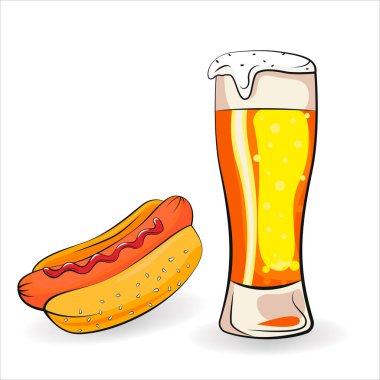 Beyaz Arkaplanda Bira. Vector Colored Illustration of Fresh Cold Summer Beer, bir bardak bira. Bir kupa bira. Canlı renkler. Vektör illüstrasyonu. 