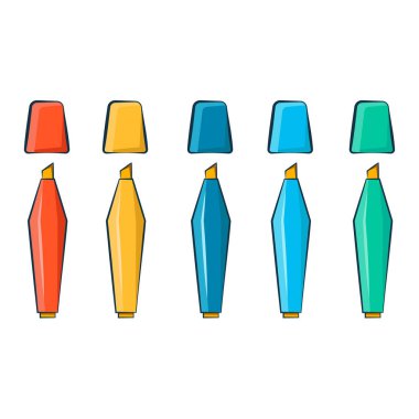 Kalemler. İşaretli fosforlu kalemler. Okul malzemeleri izole edildi. Okul temasına dönelim. Düz vektör illüstrasyonu.